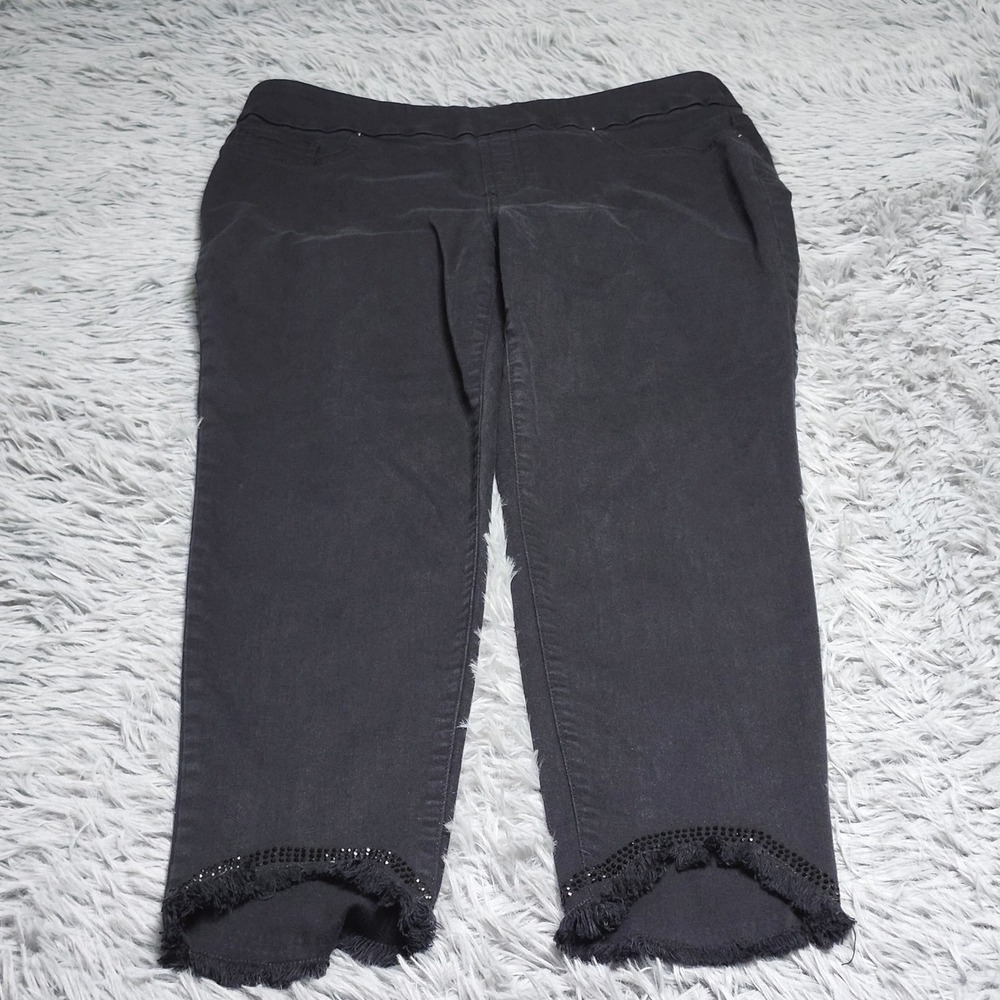Chicos Jegging Ankle Jeans Womens 10R 1.5R Black Fringed Rhinestone Hem Pull On